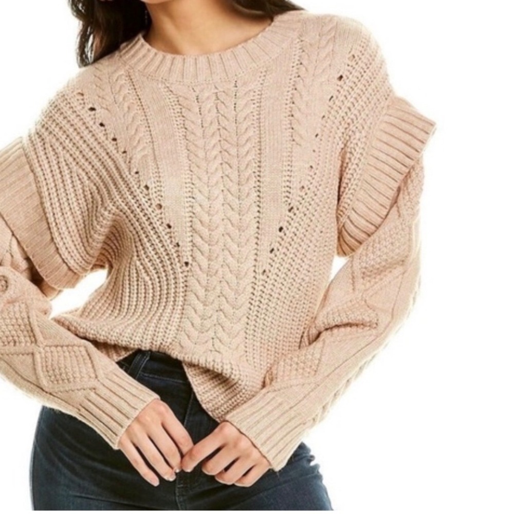 JAMISON‎ Beige Cable Knit Ruffle Sleeve Sweater Womens Size XS